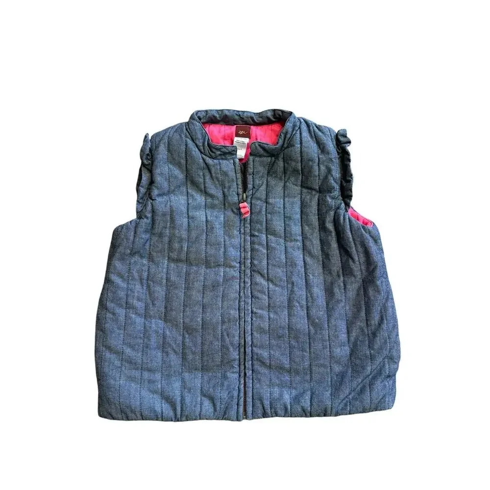 Tea Collection Chambray Blue Lightweight Puffer Vest Ruffle Detail Girls Size 8